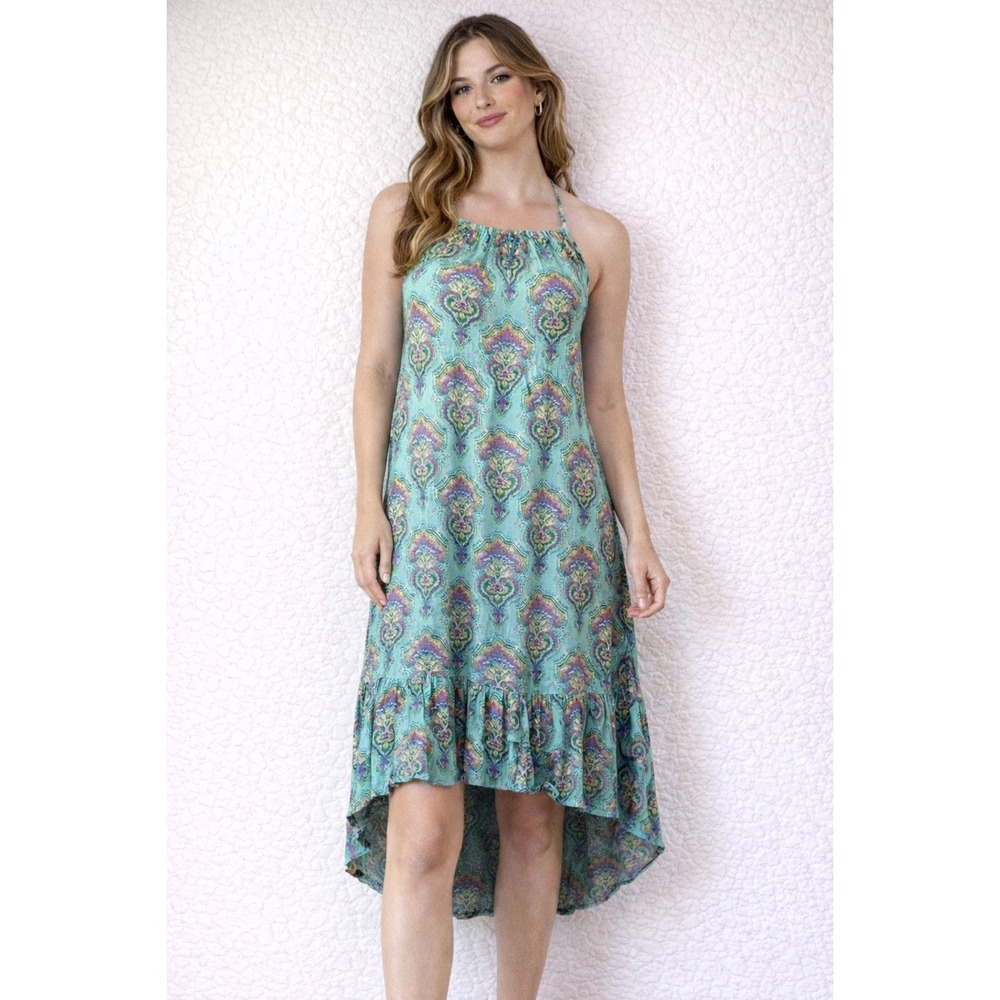 ONeill Halter Maxi Dress Bohemian Print Tassels Aqua Turquoise XS